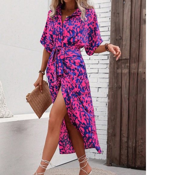 Leopard Print Button up Kimono Sleeve Shirt Dress - Picture 4 of 5